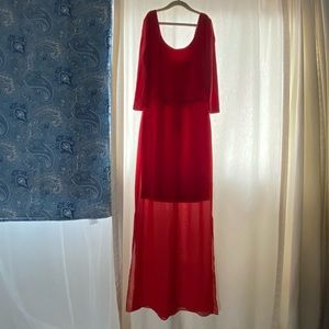 Red sheer formal mini slip with maxi dress over two slide slits Vince Camuto XS